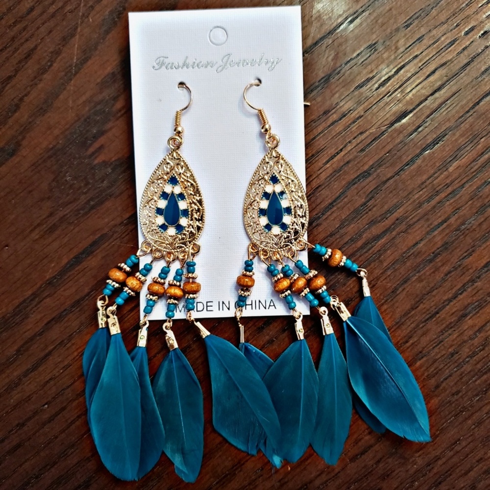 Teal Feather Earrings - Picture 2 of 2
